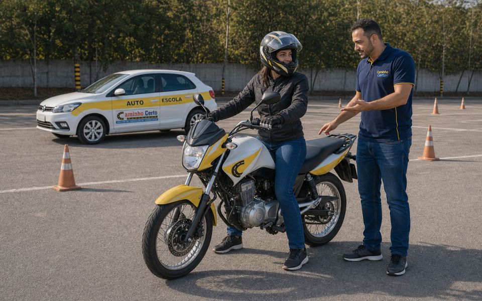 Aluna de capacete sobre a moto da escola recebendo orientação do instrutor na pista
