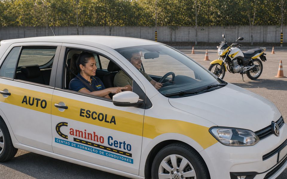 Aluna ao volante do carro de auto escola da Caminho Certo com o instrutor ao lado
