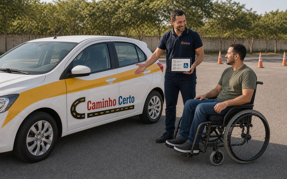 Instrutor apresentando o carro adaptado a um aluno cadeirante
