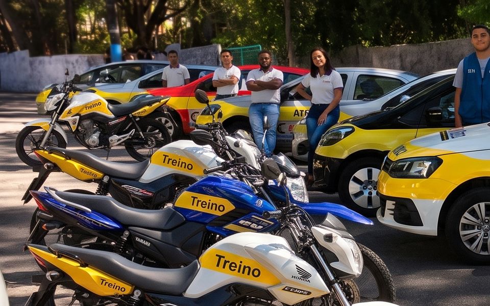 Frota de motos e carros da auto escola Caminho Certo alinhados no pátio com a equipe