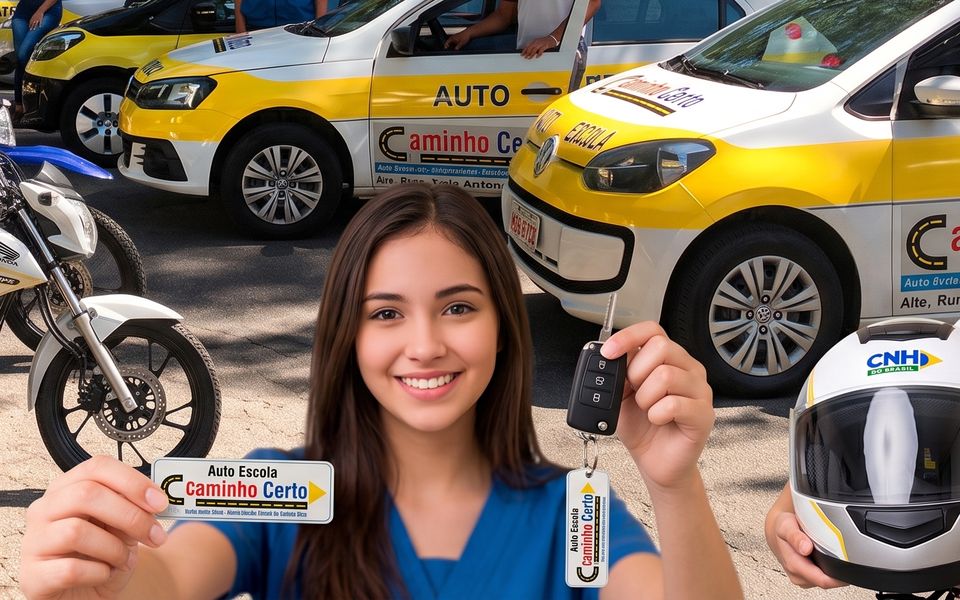 Aluna da Caminho Certo segurando a chave do carro, com moto e capacete ao lado