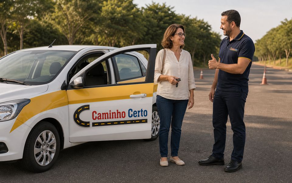 Instrutor recebendo aluna ao lado do carro da escola para retomar as aulas