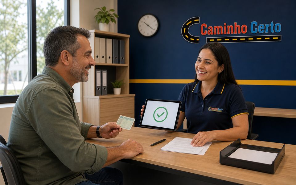 Atendente da Caminho Certo concluindo a renovação da CNH de um aluno no balcão